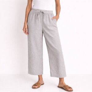 FLAX Linen Wide Leg Crop Pants Light Gray Elastic Waist Lagenlook L